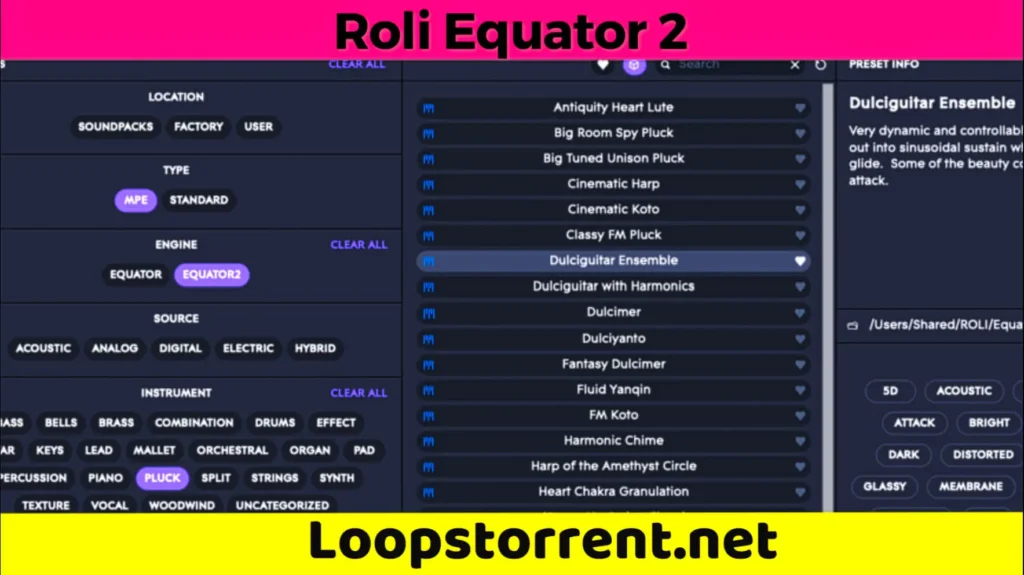 Preset browser of the roli equator 2